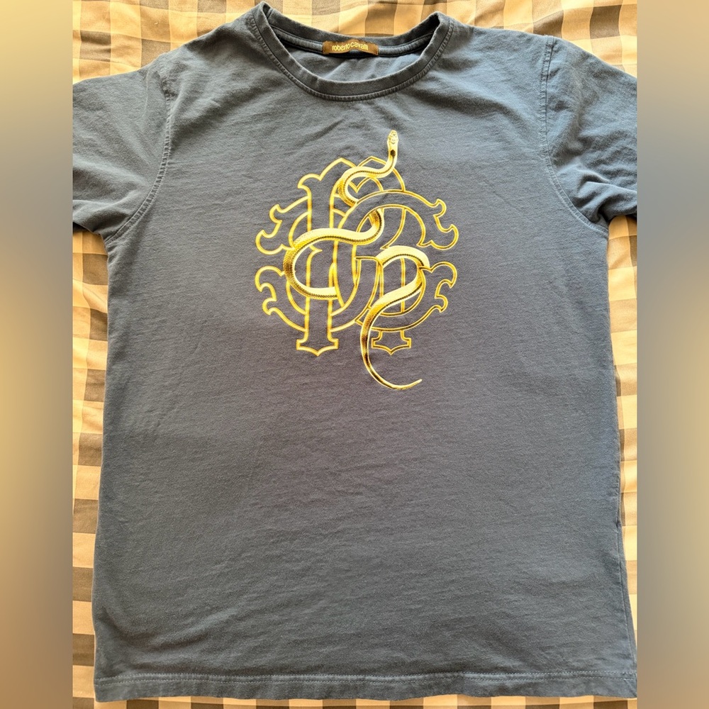 Roberto Cavalli Blue Gold Snake Logo Graphic T-Shirt